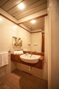 La salle de bains est pourvue d'un lavabo et d'un miroir. dans l'établissement Hotel Ristorante Farneta, à Cortone
