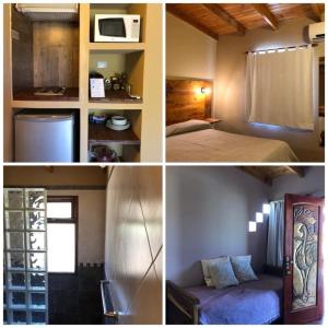 four pictures of a room with a bed and a microwave at El Viento De Mi Sueño in Tafí del Valle