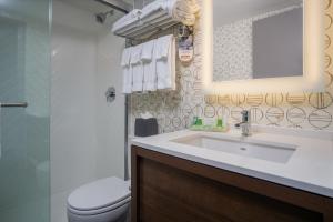 a bathroom with a sink and a toilet and a mirror at Holiday Inn Steamboat Springs by IHG in Steamboat Springs +83 photos
