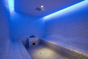 a bathroom with a blue wall and a blue floor at THE BLOSSOM HAKATA Premier in Fukuoka
