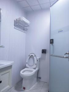 a white bathroom with a toilet and a sink at 7 Days Inn Haikou East Train Station North and South Fruit Market Fengxiang Road Branch in Haikou