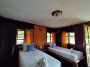 two beds in a room with two windows at River Kwai Park & Resort in Chongsadao