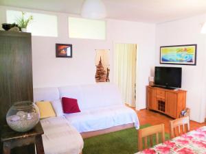 a living room with a white couch and a tv at Sonce in Izola