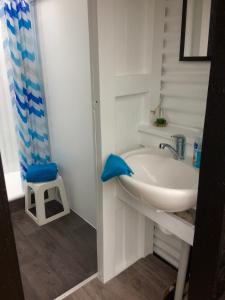 a bathroom with a sink and a blue shower curtain at Southern Scenic Stargazer in Riverton
