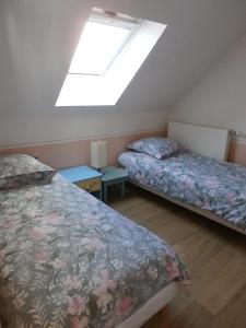 a attic bedroom with two beds and a skylight at La Porte Bleue in Amboise