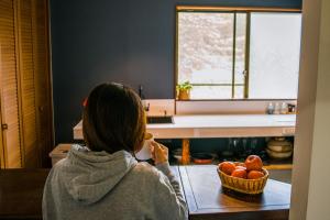 a woman sitting at a table with a basket of tomatoes at Myoko House in Myoko +34 photos