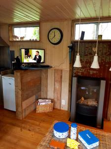 een woonkamer met een tv en een open haard bij De Flierefluiter in Nutter