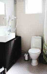 a bathroom with a white toilet and a sink at Kågeröds Värdshus Tre Stjärnor in Kågeröd