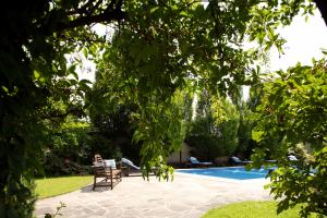 a swimming pool in a yard with two chairs and a tree at Wilhelminenhof in Trausdorf an der Wulka