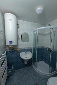 La salle de bains est pourvue d'une douche, de toilettes et d'un lavabo. dans l'établissement Hotel Elitza, à Pamporovo