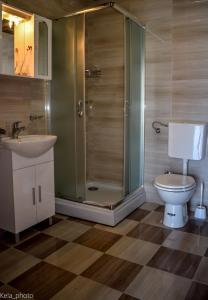 een badkamer met een douche, een toilet en een wastafel bij Galeb in Veli Iž