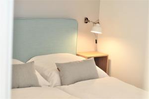 Bett mit blauem Kopfteil und weißen Kissen in der Unterkunft 2minBikepark&Ski - Loft Lotte - bikes lockable in Winterberg