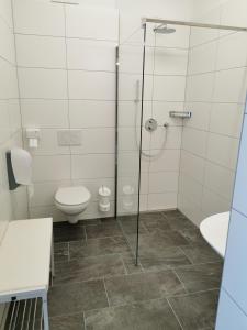 La salle de bains est pourvue de toilettes et d'une douche en verre. dans l'établissement Camping HOCHoben, à Mallnitz