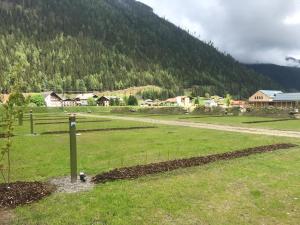 a field with a road and a mountain at Camping HOCHoben in Mallnitz