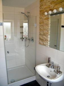 
a bathroom with a shower, sink, and mirror at Gasthof Falter in Straubing
