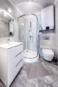 a bathroom with a shower and a sink and a toilet at Apartament Margo in Łeba