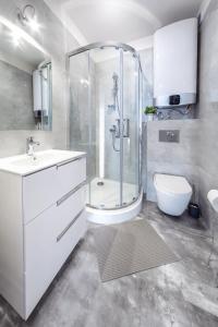 uma casa de banho com um chuveiro, um lavatório e um WC. em Apartament Margo em Leba