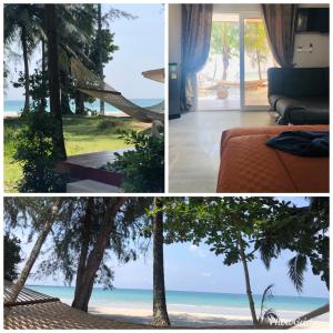 a collage of three pictures of a room with the beach at Rim Lay in Ko Kood