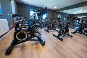 un gimnasio con varias cintas de correr y bicicletas estáticas en CicloLodge, en Lozoya