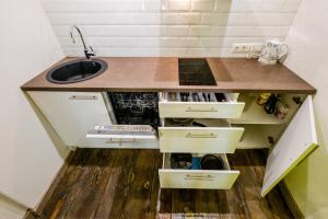 una pequeña cocina con fregadero y encimera en Blacksmith Old Town Apartments en Tallin