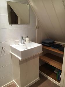 uma casa de banho com um lavatório branco e um espelho. em B&B HemeltjeLief em Hemelum