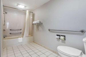 a bathroom with a toilet and a shower and a sink at Econo Lodge North in Charleston
