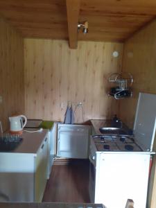 a small kitchen with a stove and a sink at Siedlisko Bieszczadzkie 1 in Lutowiska