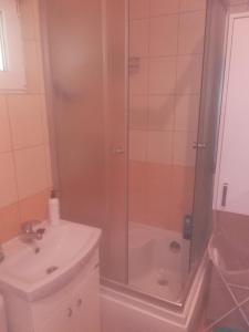 a bathroom with a shower and a sink at Domek u Kasi z basenem i balią in Siemiany