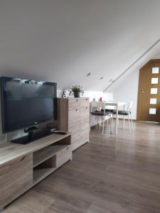 een woonkamer met een grote flatscreen-tv bij #MazuryLove in Giżycko