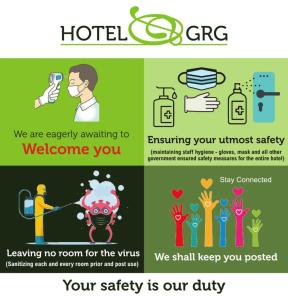 a brochure for a hotel grep and a poster for a virus outbreak at Hotel GRG in Vadodara
