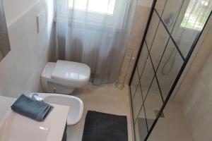 a small bathroom with a toilet and a shower at casa Lago di Garda in Garda