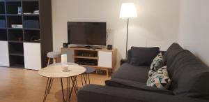sala de estar con sofá y TV en Grand T3 Neuf Résidence Centre Proche Gare Vannes, en Vannes