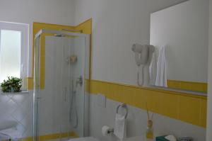 uma casa de banho com um chuveiro, um lavatório e um espelho. em Hotel Terme Alexander em Ischia