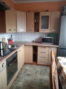 eine kleine Küche mit einer Spüle und einer Mikrowelle in der Unterkunft Pokoje u Gabi in Bytów