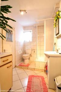 a bathroom with a toilet and a shower and a sink at Pokoje u Gabi in Bytów