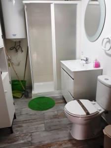 a bathroom with a toilet and a sink and a mirror at SwordFish Holiday Home in Peniche