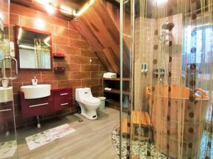 La salle de bains est pourvue de toilettes, d'un lavabo et d'une douche. dans l'établissement Shaoxing Laotaimen Luxun Native Place Youth Hostel, à Shaoxing