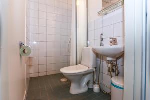 La salle de bains est pourvue de toilettes et d'un lavabo. dans l'établissement Tehtaan Hotelli, à Karkkila