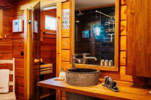 a bathroom with a sink and a mirror at Blockhaus an der Skiwiese Braunlage in Braunlage +75 photos