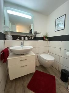bagno con lavandino, servizi igienici e specchio di Surrbach Chalet a Baiersbronn