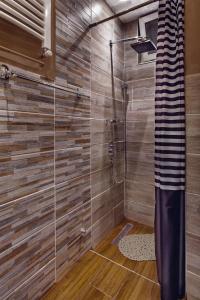 La salle de bains est pourvue d'une douche avec une porte en verre. dans l'établissement Natura Airport Apartment, à Belgrade