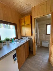 Una pequeña cocina con fregadero y ventana. en OWS Dorota, en Kolbudy