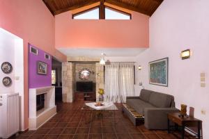 a living room with a couch and a fireplace at Danai House in Nea Roda