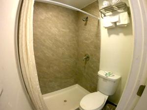 a small bathroom with a toilet and a shower at Rest Inn - Elizabeth in Elizabeth