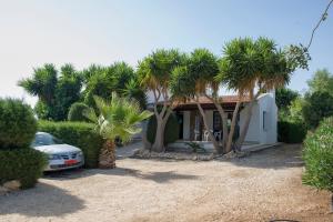 a house with palm trees and a car parked in front at Akamas Edge Villas in Polis Chrysochous
