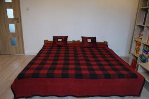 a red and black plaid bed in a room at Siedlisko Podlasie in Kuraszewo