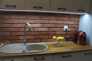 a kitchen counter with a sink and a brick wall at Siedlisko Podlasie in Kuraszewo +32 photos