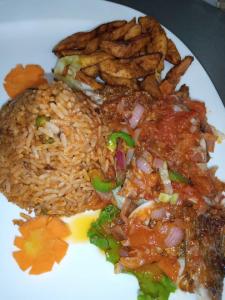 a white plate of food with rice and french fries at Lit Suites in Abuja