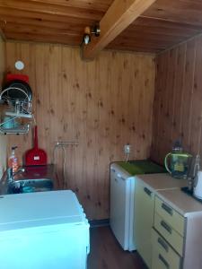 a small kitchen with a sink and a refrigerator at Siedlisko Bieszczadzkie 3 in Lutowiska +2 photos