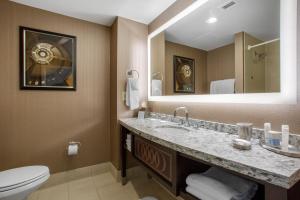 a bathroom with a toilet, sink and mirror at Omni Providence in Providence